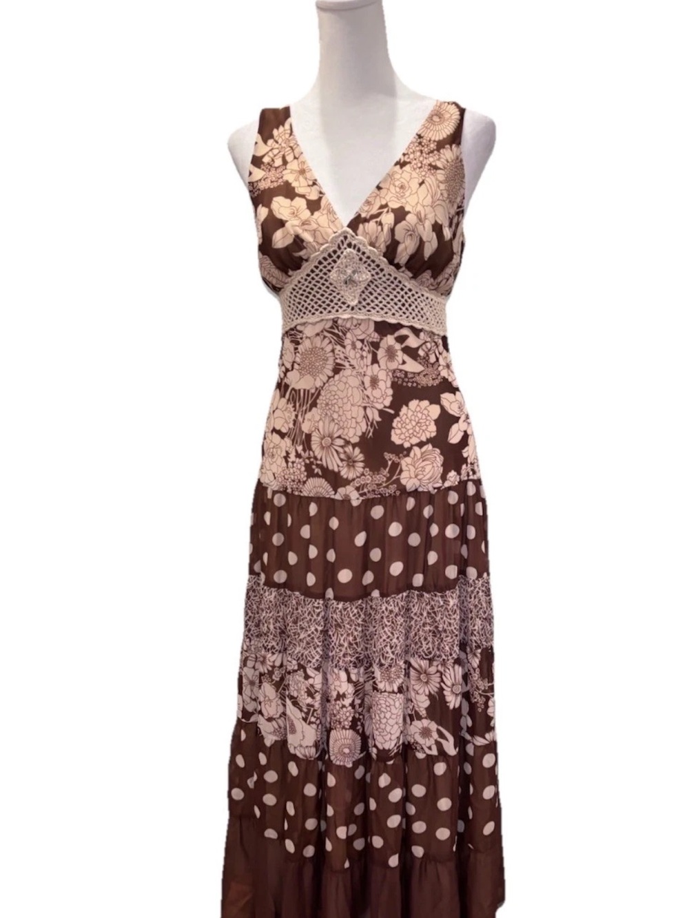 Cato Boho Maxi Dress Floral Polka Dot Crochet Waist Size 6 - Picture 2 of 8